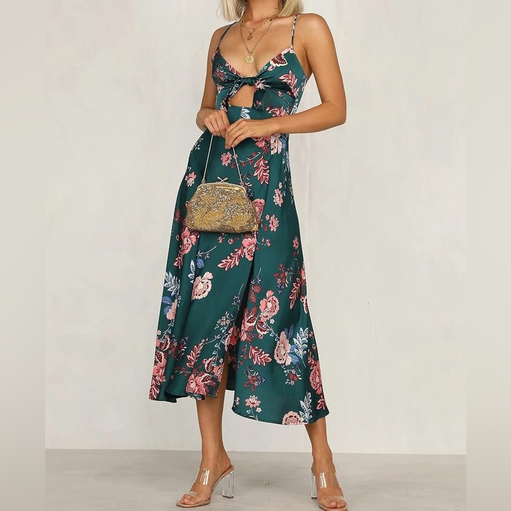 Women Spaghetti Strap Midi Satin Dresses Tie Front 
 Split Dress size L